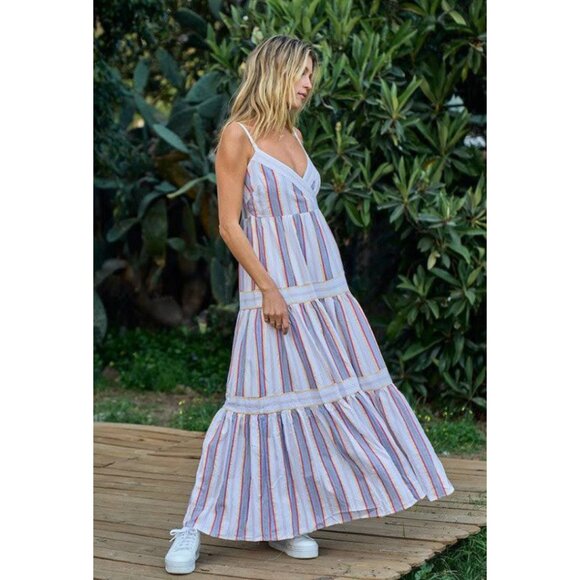Edgewater Drive White + Multi-Colored Pastel Striped Spring / Summer Maxi Dress - Picture 2 of 5
